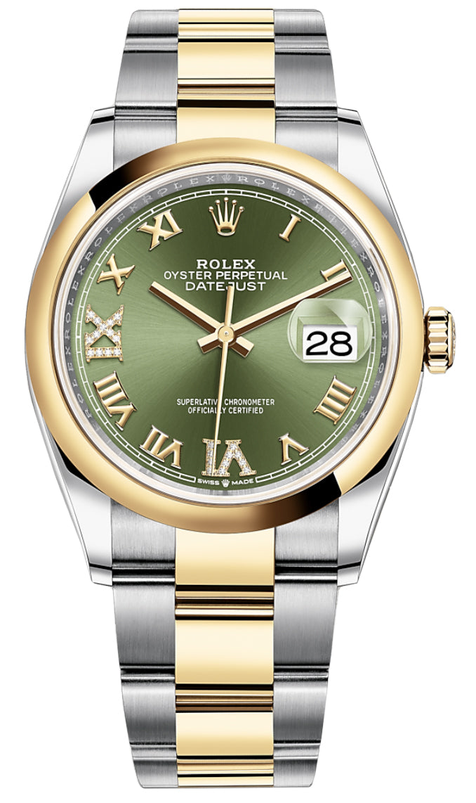 Rolex Datejust 36mm Stainless Steel and Yellow Gold 126203 Olive Green VI IX Roman Oyster