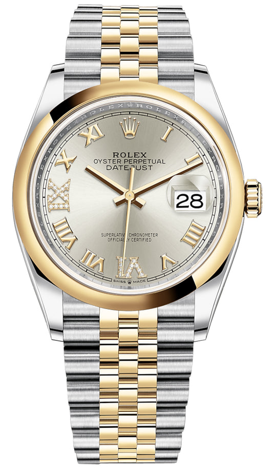 Rolex Datejust 36mm Stainless Steel and Yellow Gold 126203 Silver VI IX Roman Jubilee