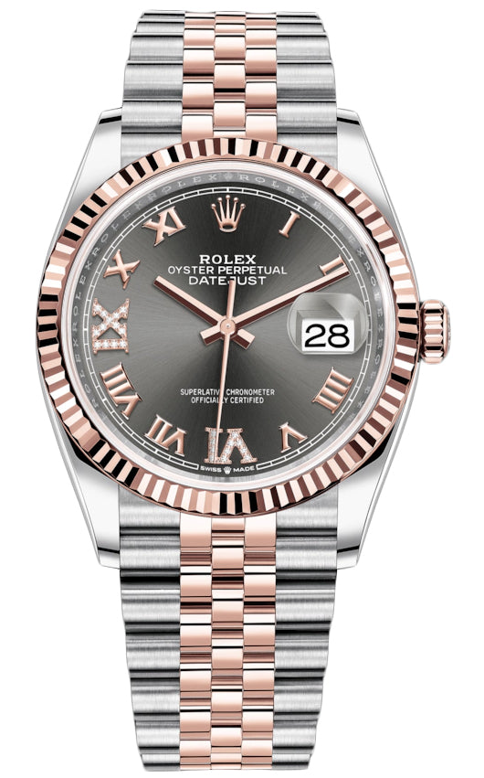 Rolex Datejust 36mm Stainless Steel and Rose Gold 126231 Dark Rhodium VI IX Roman Jubilee