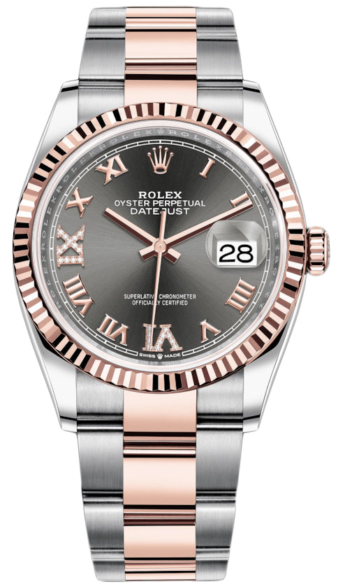 Rolex Datejust 36mm Stainless Steel and Rose Gold 126231 Dark Rhodium VI IX Roman Oyster