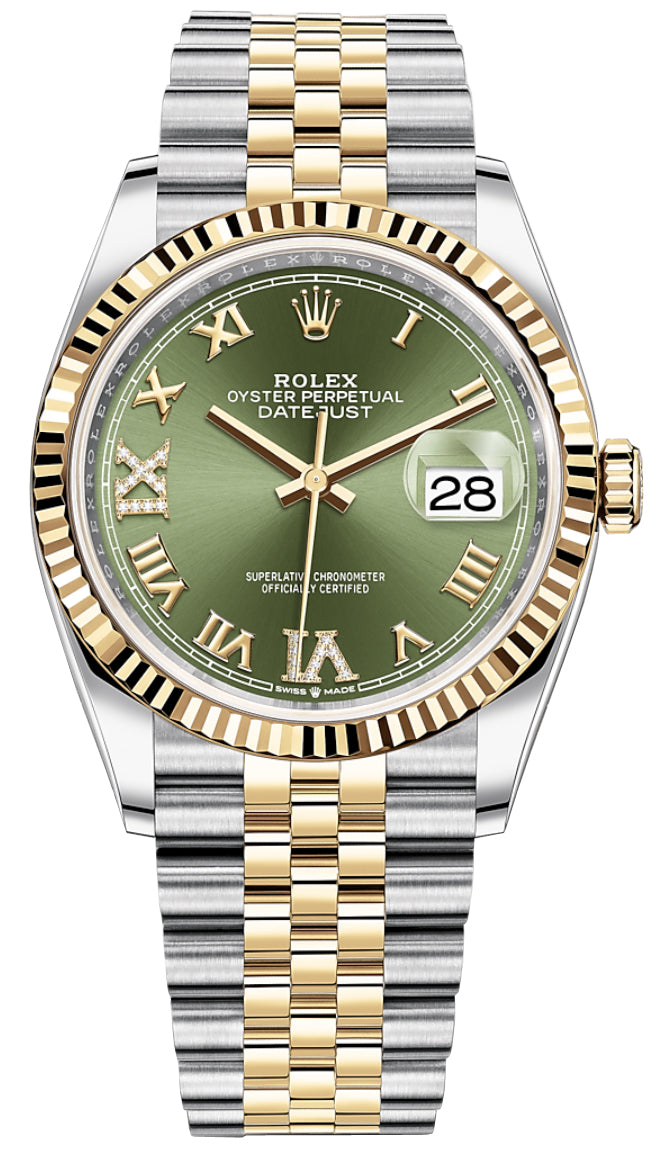 Rolex Datejust 36mm Stainless Steel and Yellow Gold 126233 Olive Green VI IX Roman Jubilee