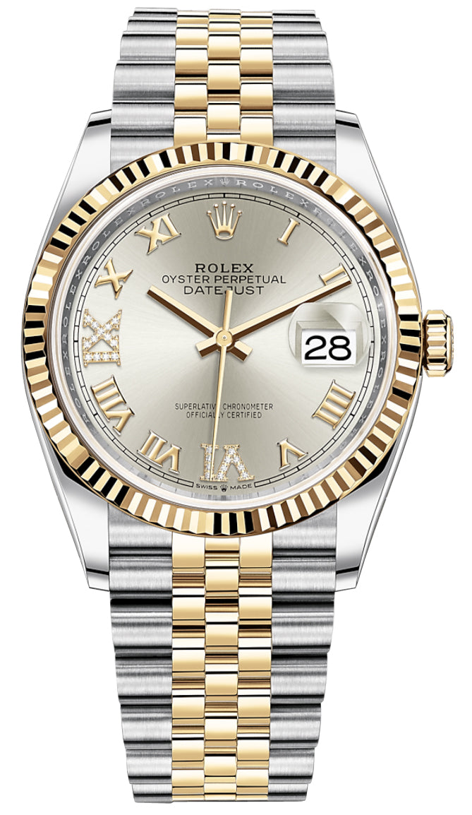 Rolex Datejust 36mm Stainless Steel and Yellow Gold 126233 Silver VI IX Roman Jubilee