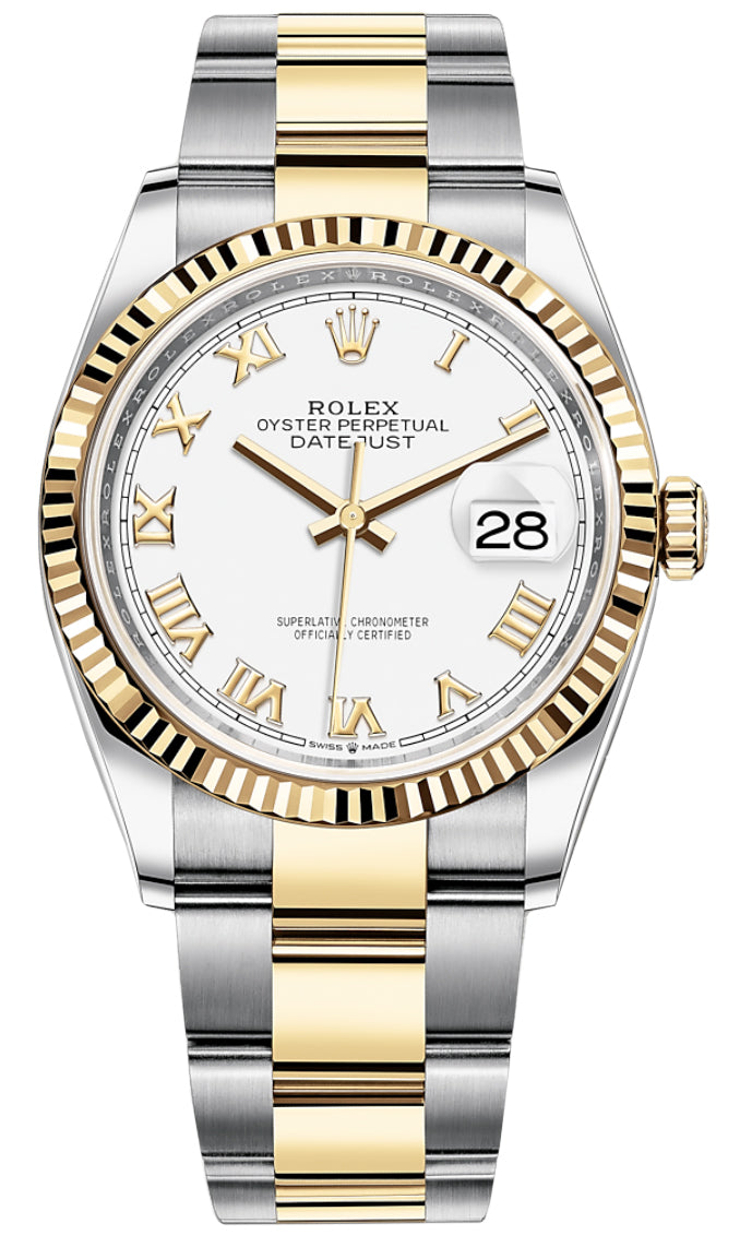 Rolex Datejust 36mm Stainless Steel and Yellow Gold 126233 White Roman Oyster