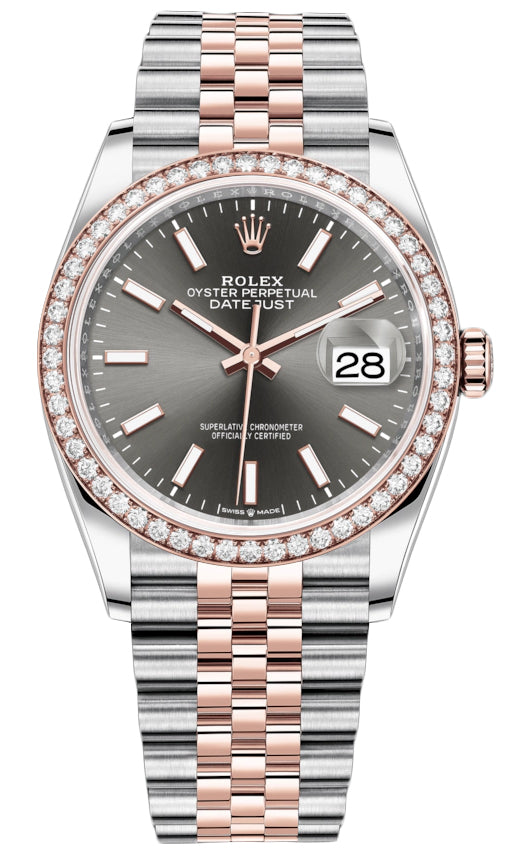 Rolex Datejust 36mm Stainless Steel and Rose Gold 126281RBR Dark Rhodium Index Jubilee