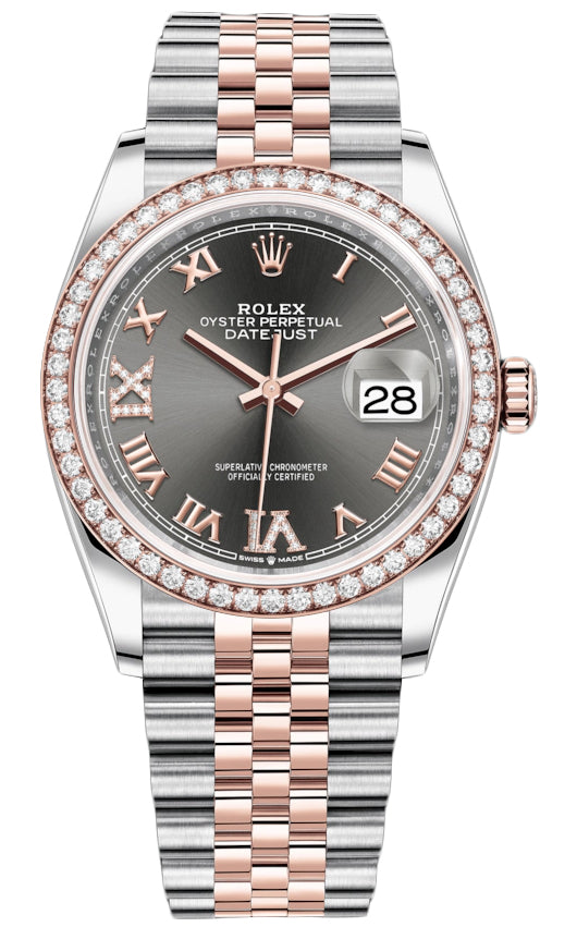 Rolex Datejust 36mm Stainless Steel and Rose Gold 126281RBR Dark Rhodium VI IX Roman Jubilee