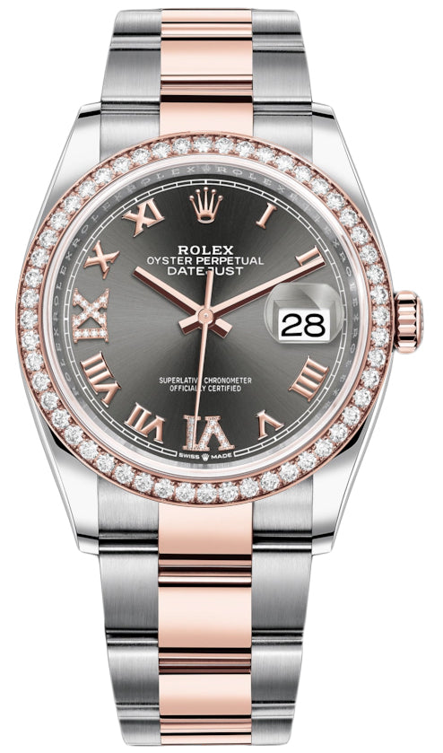 Rolex Datejust 36mm Stainless Steel and Rose Gold 126281RBR Dark Rhodium VI IX Roman Oyster