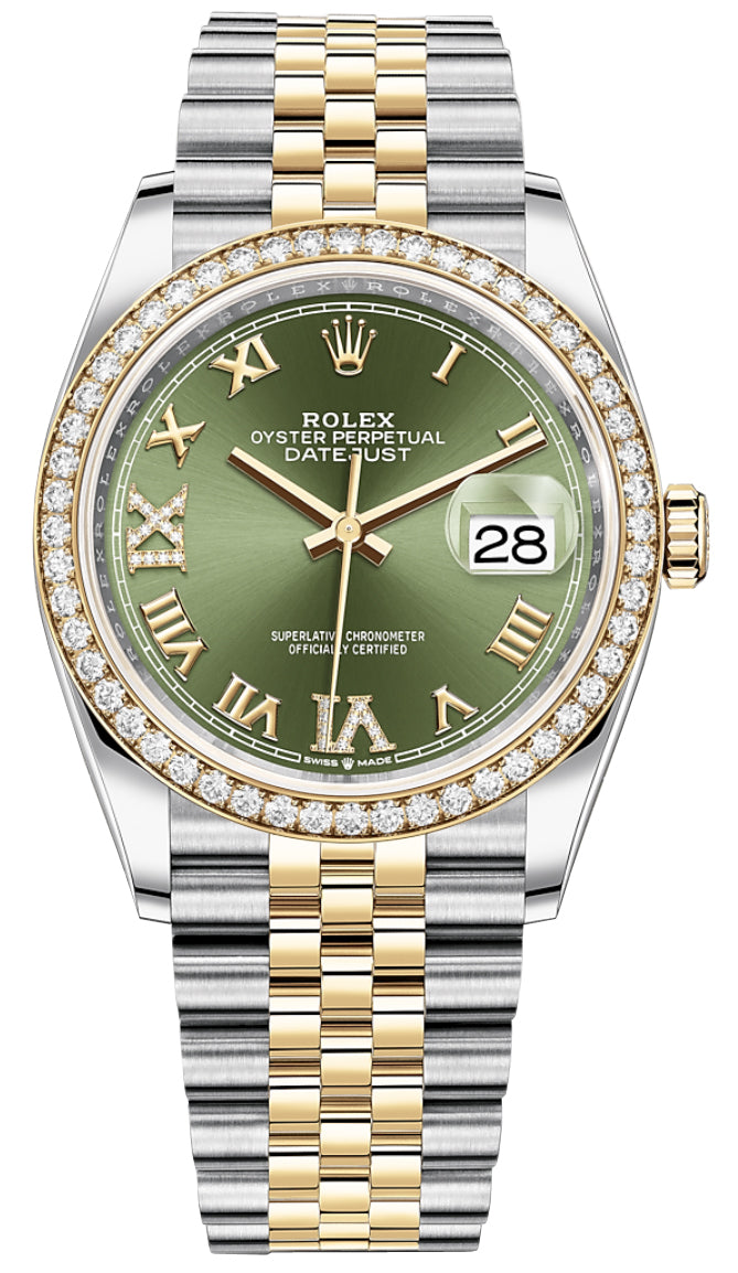 Rolex Datejust 36mm Stainless Steel and Yellow Gold 126283RBR Olive Green VI IX Roman Jubilee