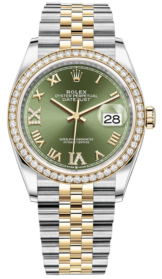 Rolex Datejust 36mm Stainless Steel and Yellow Gold 126283RBR Olive Green VI IX Roman Jubilee