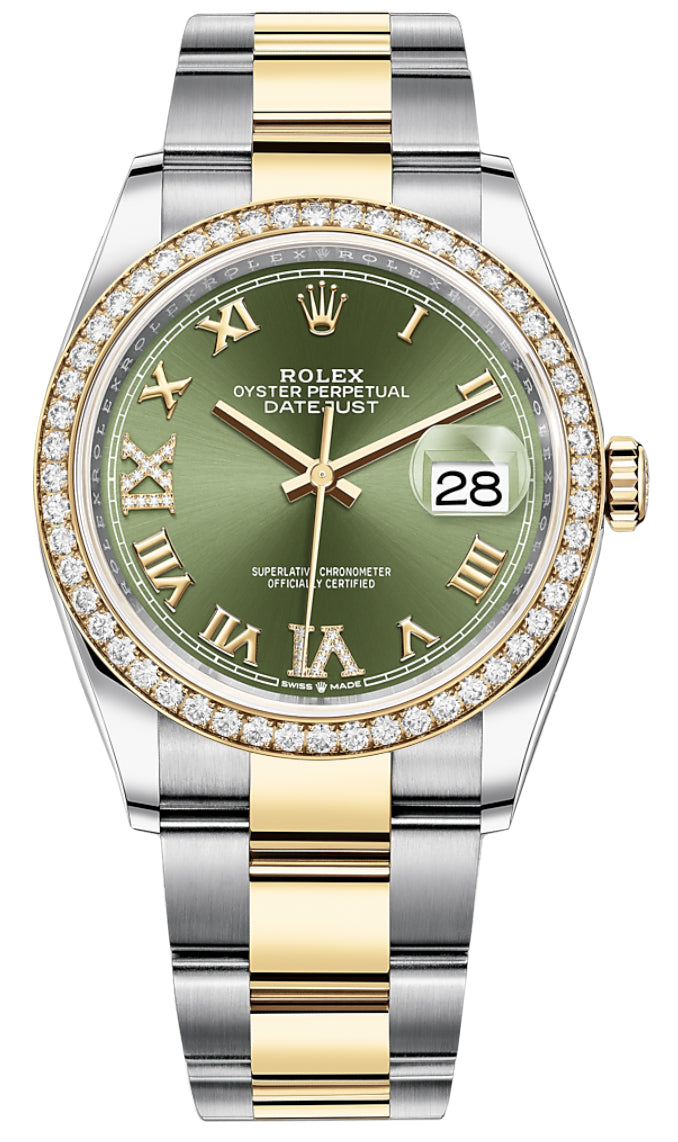 Rolex Datejust 36mm Stainless Steel and Yellow Gold 126283RBR Olive Green VI IX Roman Oyster