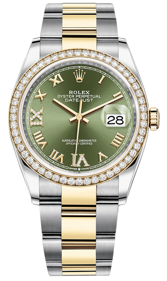 Rolex Datejust 36mm Stainless Steel and Yellow Gold 126283RBR Olive Green VI IX Roman Oyster