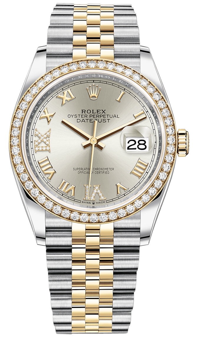 Rolex Datejust 36mm Stainless Steel and Yellow Gold 126283RBR Silver VI IX Roman Jubilee