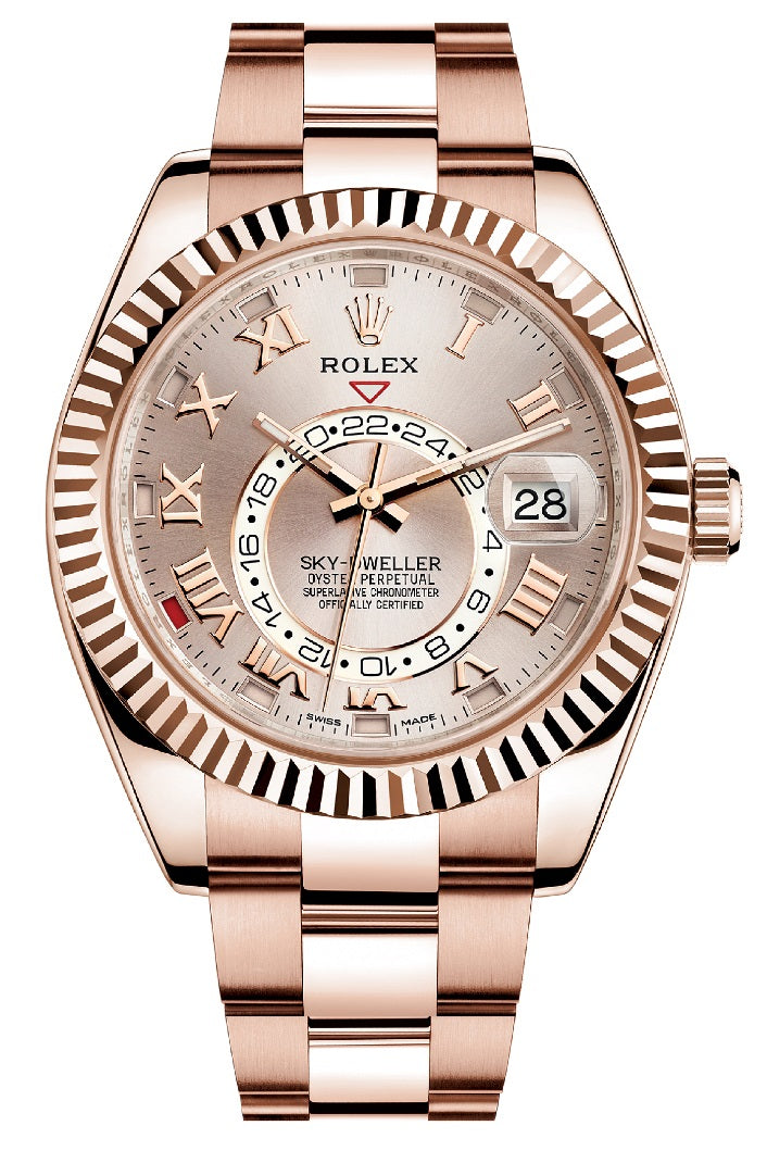 Rolex Sky-Dweller 18k Everose Gold Sundust Roman Dial GMT Rose Bracelet 326935