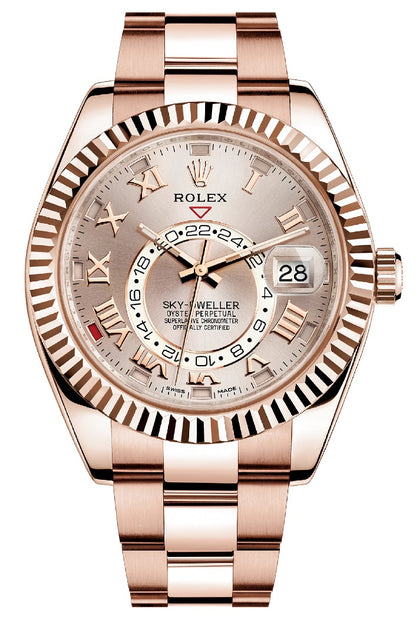 Rolex Sky-Dweller 18k Everose Gold Sundust Roman Dial GMT Rose Bracelet 326935