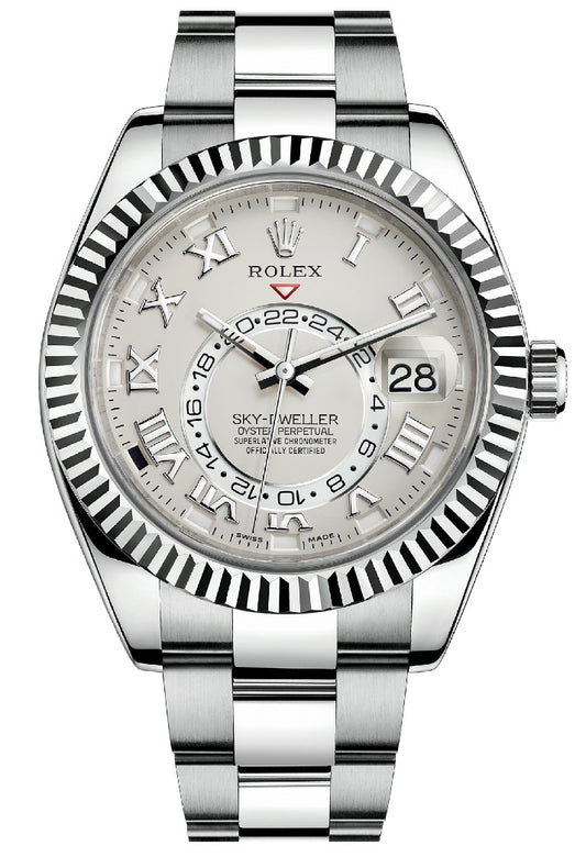 Rolex Sky-Dweller 18k White Gold Ivory Roman Dial GMT Bracelet 326939