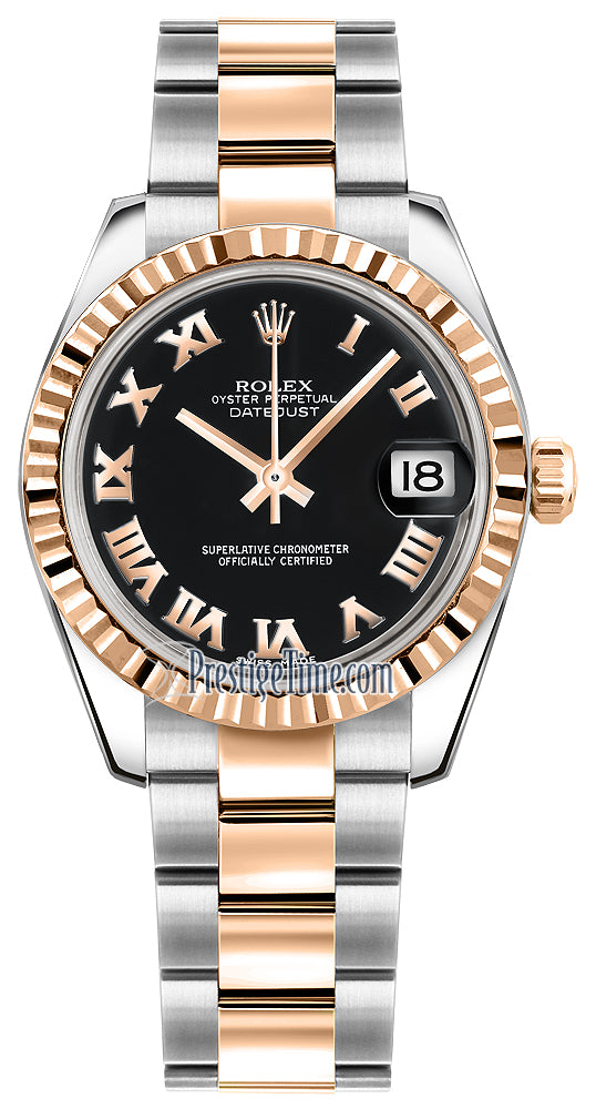 Rolex Datejust 31mm Stainless Steel and Rose Gold 178271 Black Roman Oyster