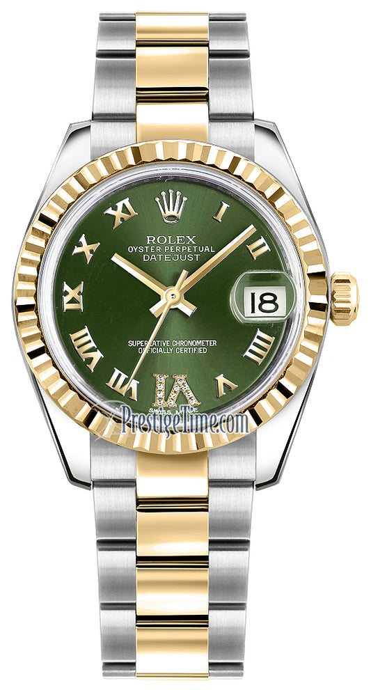 Rolex Datejust 31mm Stainless Steel and Yellow Gold 178273 Olive Green VI Roman Oyster