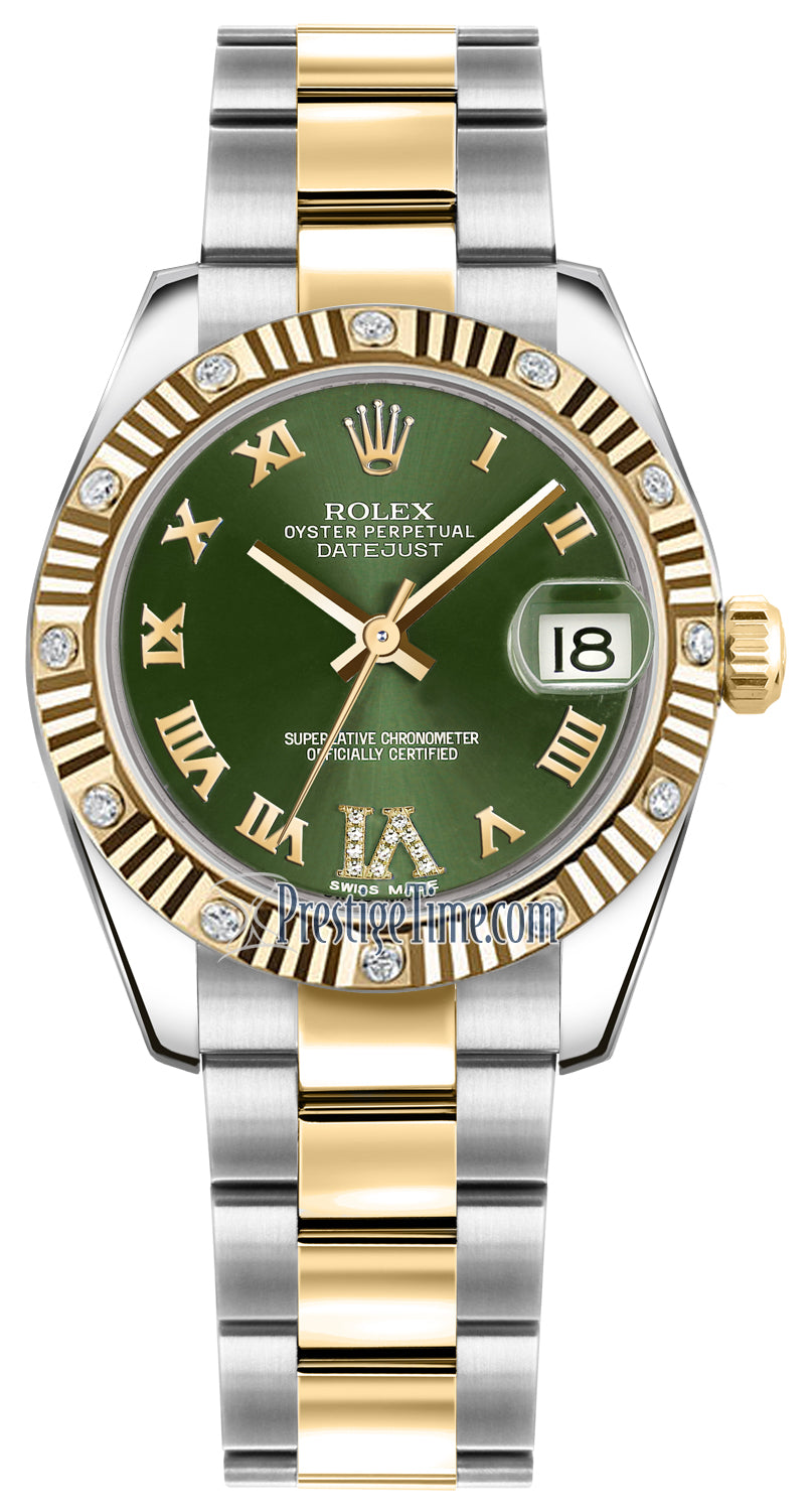 Rolex Datejust 31mm Stainless Steel and Yellow Gold 178313 Olive Green VI Roman Oyster