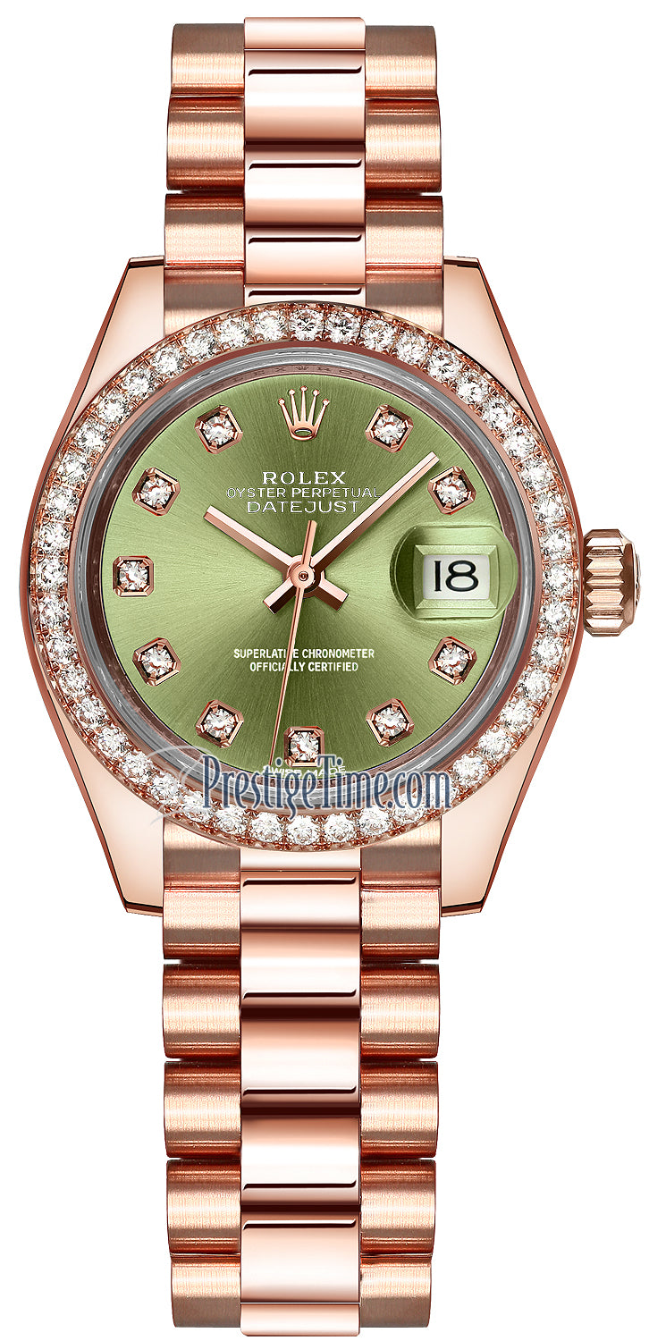 Rolex Lady Datejust 28mm Everose Gold 279135RBR Olive Green Diamond President