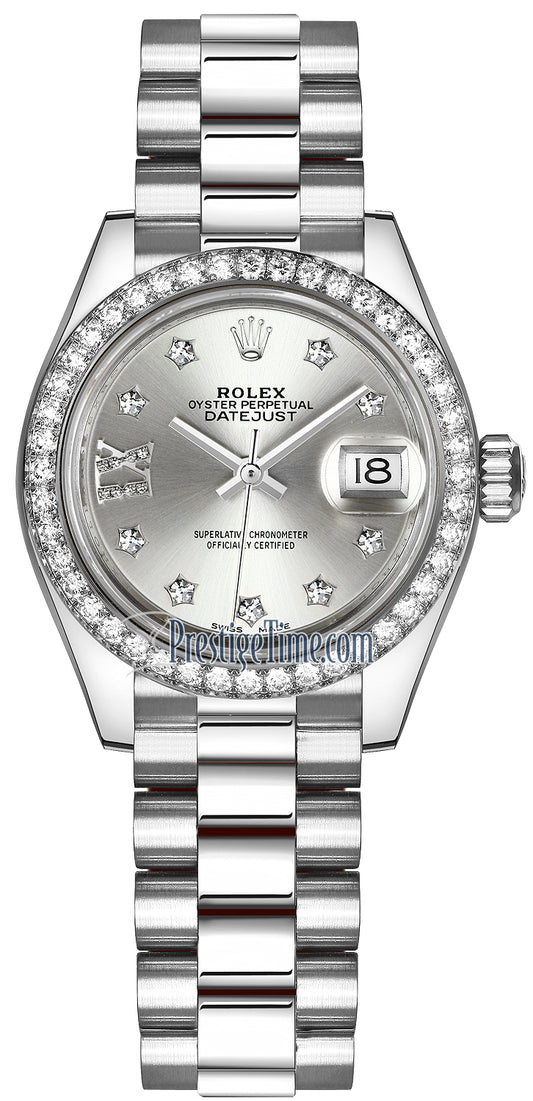 Rolex Lady Datejust 28mm Platinum 279136RBR Silver 17 Diamond President