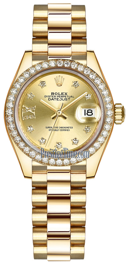 Rolex Lady Datejust 28mm Yellow Gold 279138RBR Champagne 17 Diamond President