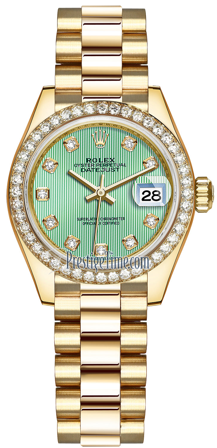 Rolex Lady Datejust 28mm Yellow Gold 279138RBR Mint Green Diamond President