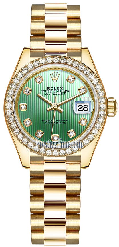 Rolex Lady Datejust 28mm Yellow Gold 279138RBR Mint Green Diamond President