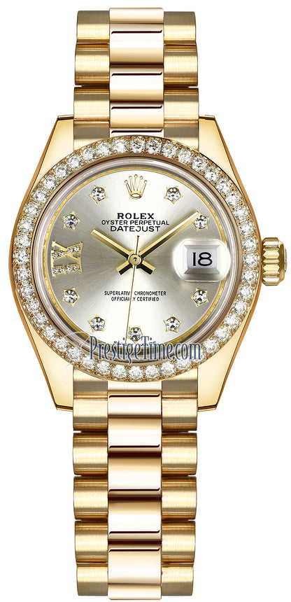 Rolex Lady Datejust 28mm Yellow Gold 279138RBR Silver 17 Diamond President