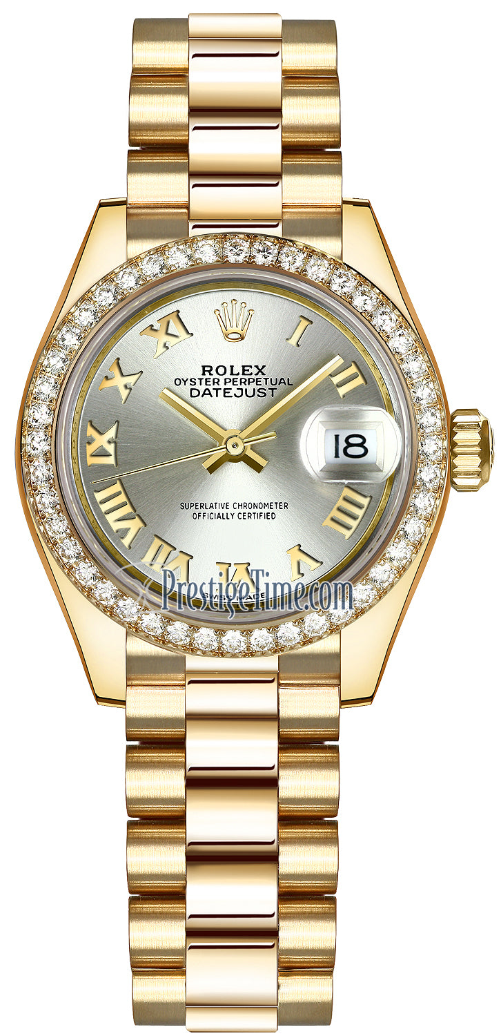 Rolex Lady Datejust 28mm Yellow Gold 279138RBR Silver Roman President