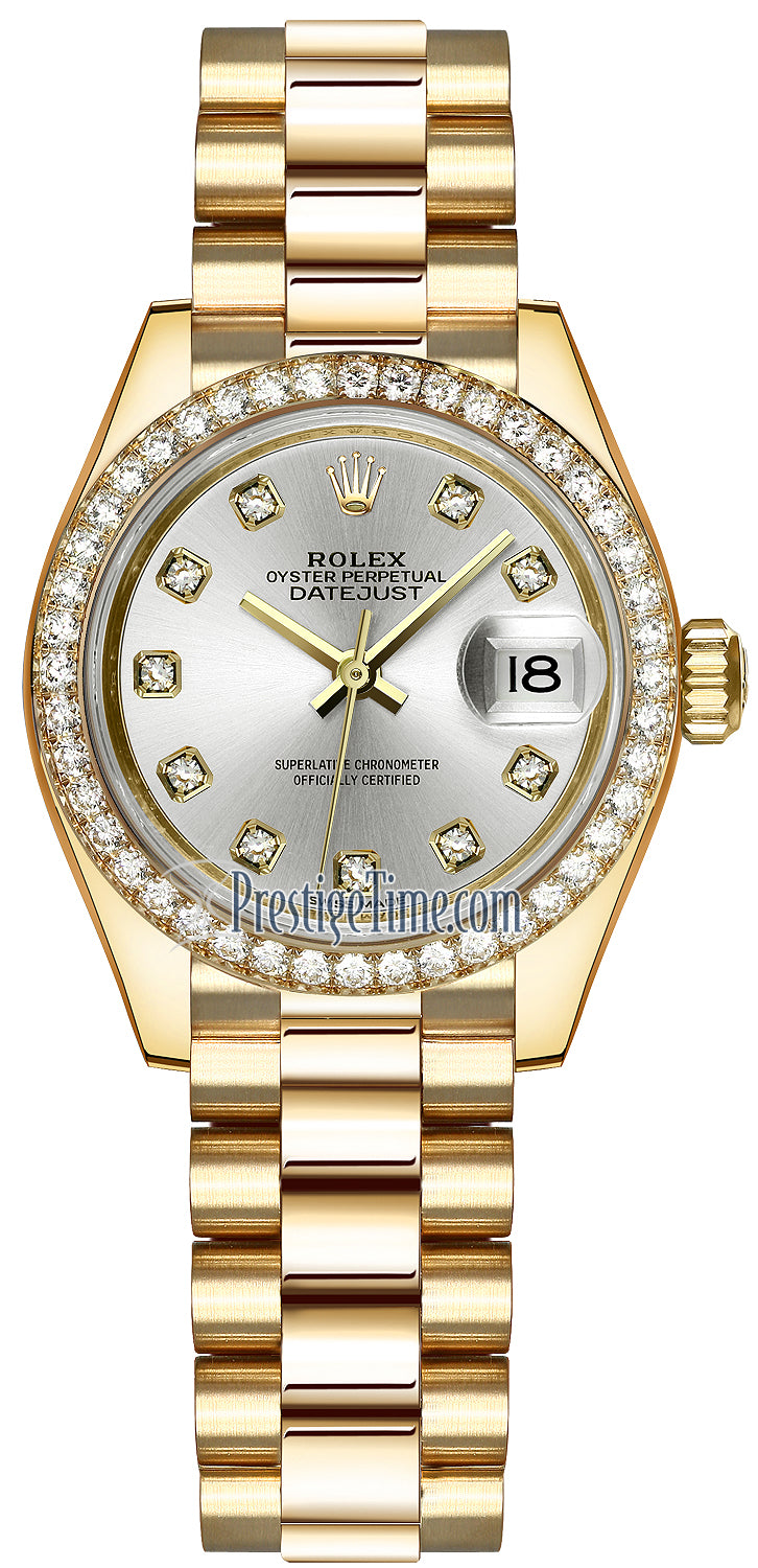 Rolex Lady Datejust 28mm Yellow Gold 279138RBR Silver Diamond President