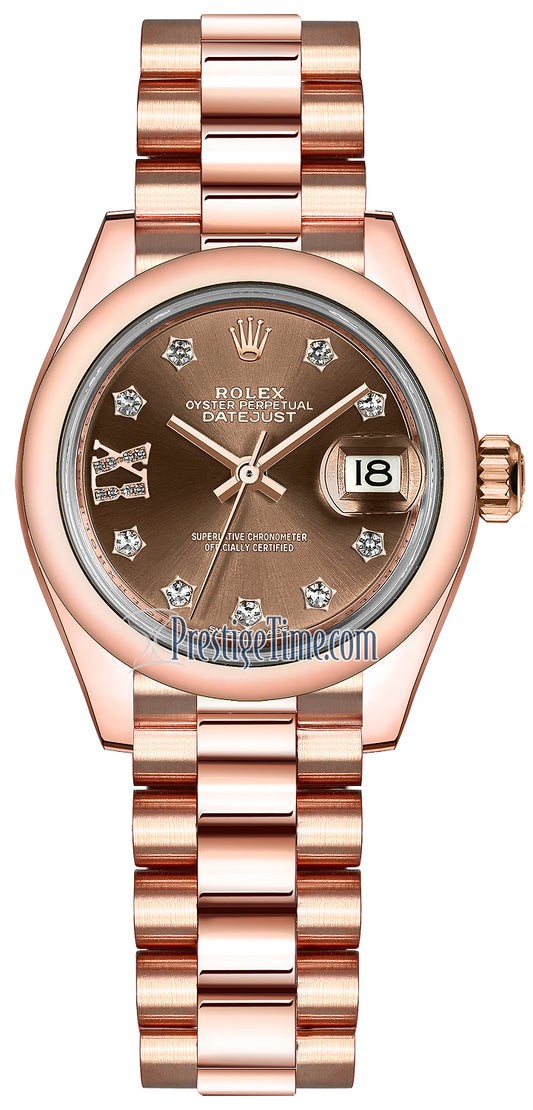 Rolex Lady Datejust 28mm Everose Gold 279165 Chocolate 17 Diamond President