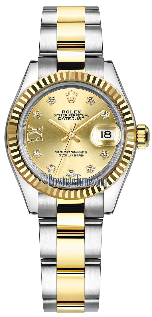 Rolex Lady Datejust 28mm Stainless Steel and Yellow Gold 279173 Champagne 17 Diamond Oyster