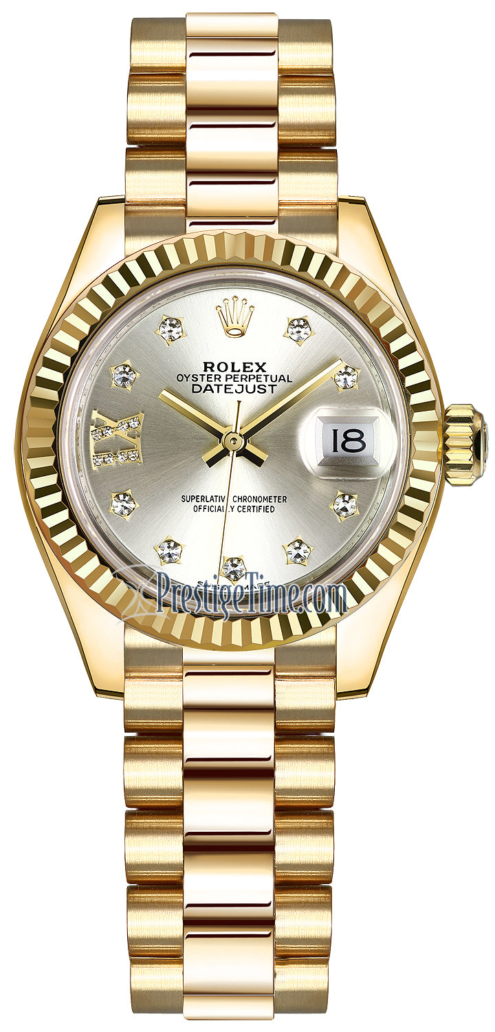 Rolex Lady Datejust 28mm Yellow Gold 279178 Silver 17 Diamond President