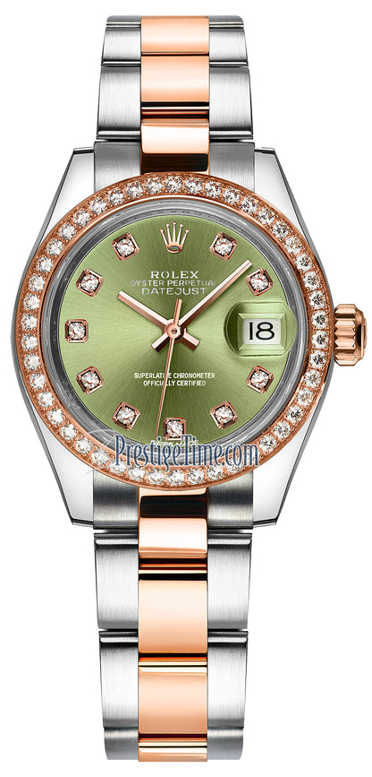 Rolex Lady Datejust 28mm Stainless Steel and Everose Gold 279381RBR Olive Green Diamond Oyster