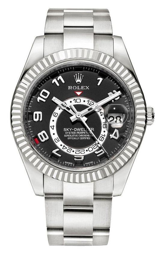 Rolex Sky-Dweller 18k White Gold Black Arabic Dial GMT Bracelet 326939