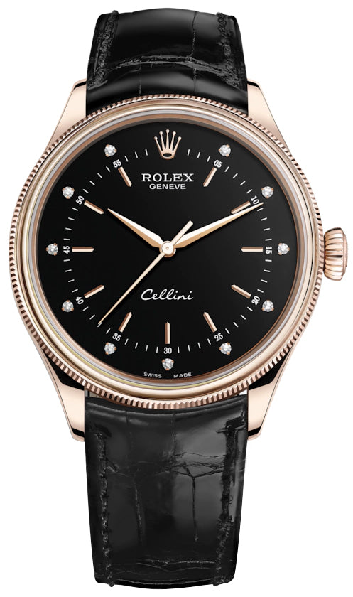 Rolex Cellini Time 39mm 50505 Black Diamond Black Strap