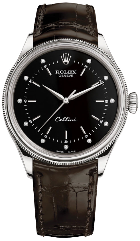 Rolex Cellini Time 39mm 50509 Black Diamond Brown Strap