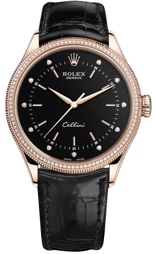 Rolex Cellini Time 39mm 50605rbr Black Diamond Black Strap