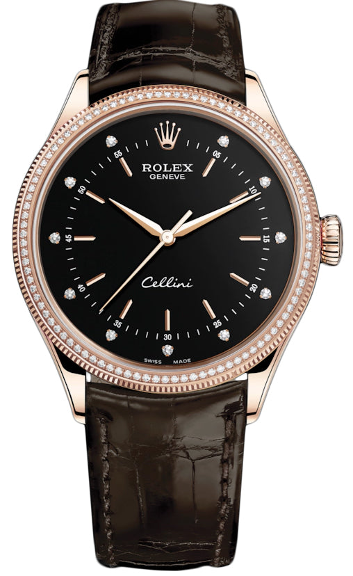 Rolex Cellini Time 39mm 50605rbr Black Diamond Brown Strap