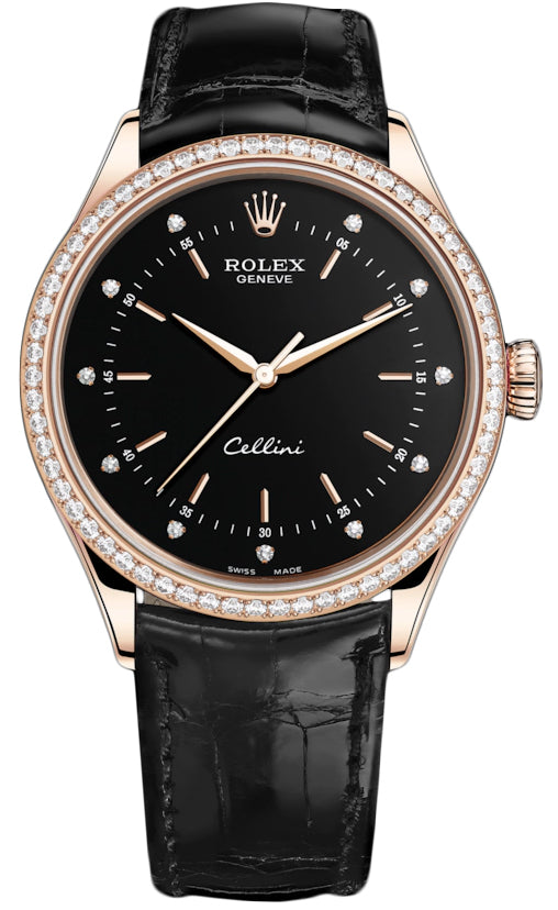 Rolex Cellini Time 39mm 50705rbr Black Diamond Black Strap