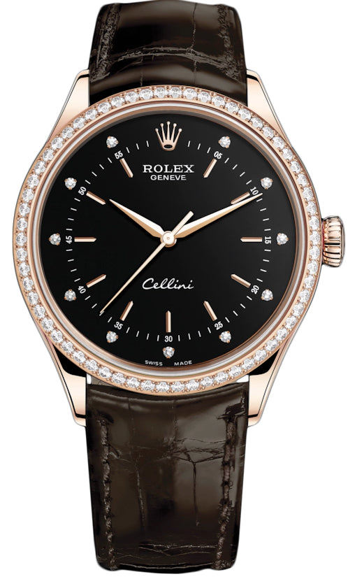 Rolex Cellini Time 39mm 50705rbr Black Diamond Brown Strap