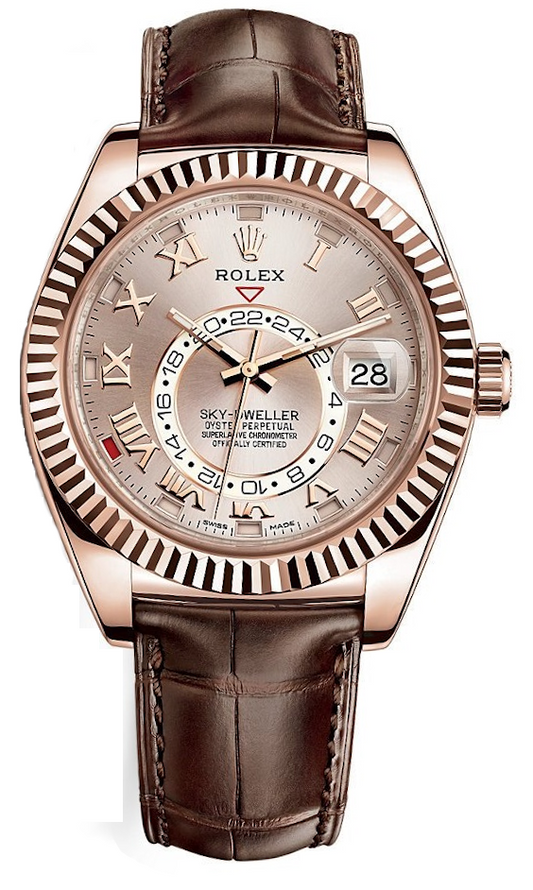 Rolex Sky-Dweller 18k Everose Gold Sundust Dial GMT Leather Strap 326135