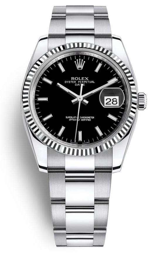 Rolex Oyster Perpetual Date 34 Black Dial Stainless Steel Fluted Automatic 115234
