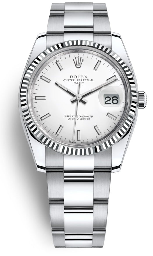 Rolex Oyster Perpetual Date 34 White Dial Stainless Steel Fluted Automatic 115234