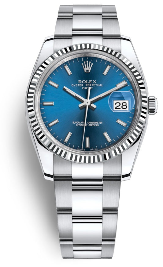 Rolex Oyster Perpetual Date 34 Blue Dial Stainless Steel Fluted Automatic 115234