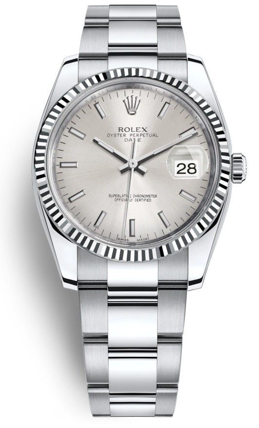 Rolex Oyster Perpetual Date 34 Silver Dial Stainless Steel Fluted Automatic 115234