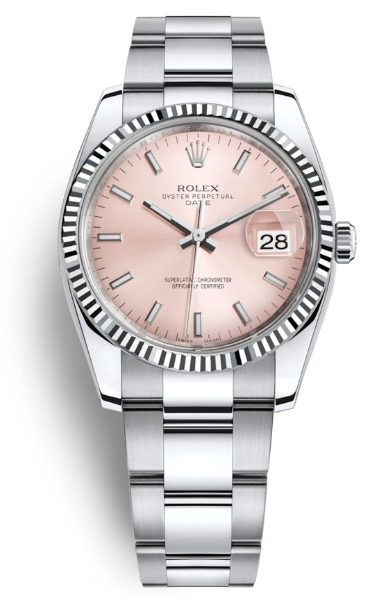 Rolex Oyster Perpetual Date 34 Pink Dial Stainless Steel Fluted Automatic 115234