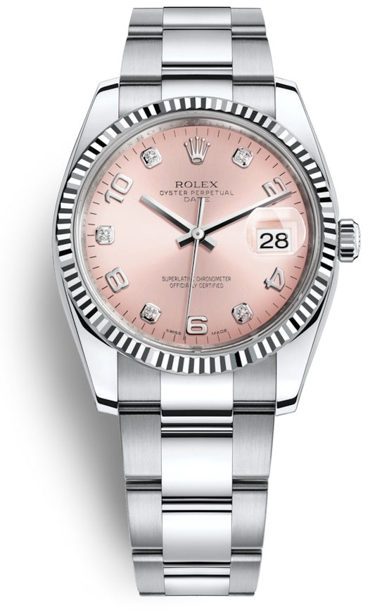 Rolex Oyster Perpetual Date 34 Pink Diamond Dial Stainless Steel Fluted Automatic 115234