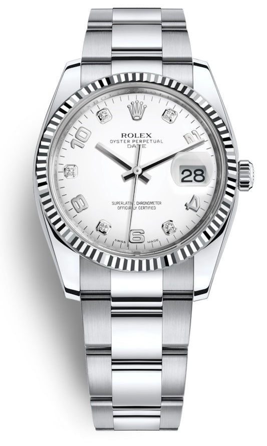 Rolex Oyster Perpetual Date 34 White Diamond Dial Stainless Steel Fluted Automatic 115234
