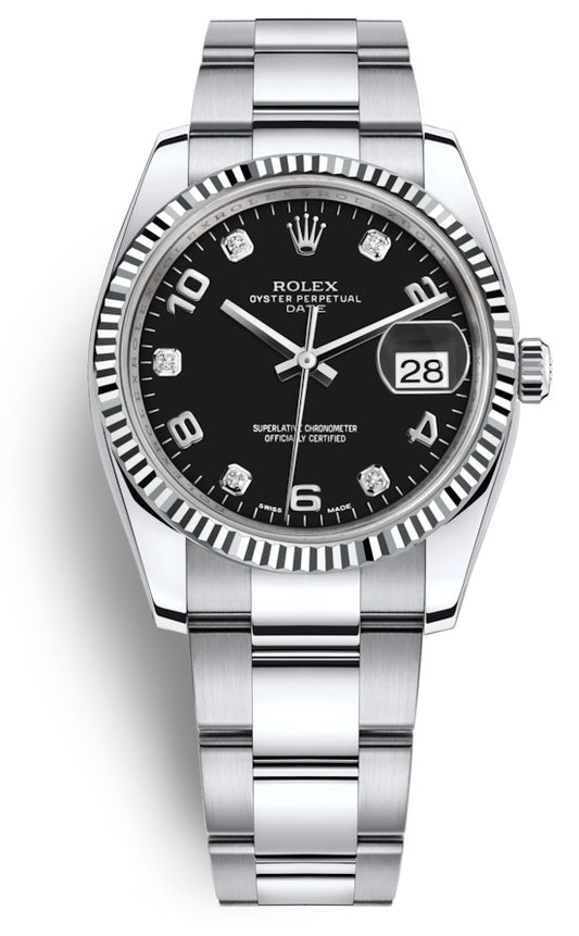 Rolex Oyster Perpetual Date 34 Black Diamond Dial Stainless Steel Fluted Automatic 115234