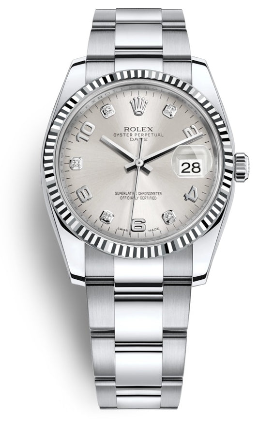 Rolex Oyster Perpetual Date 34 Silver Diamond Dial Stainless Steel Fluted Automatic 115234